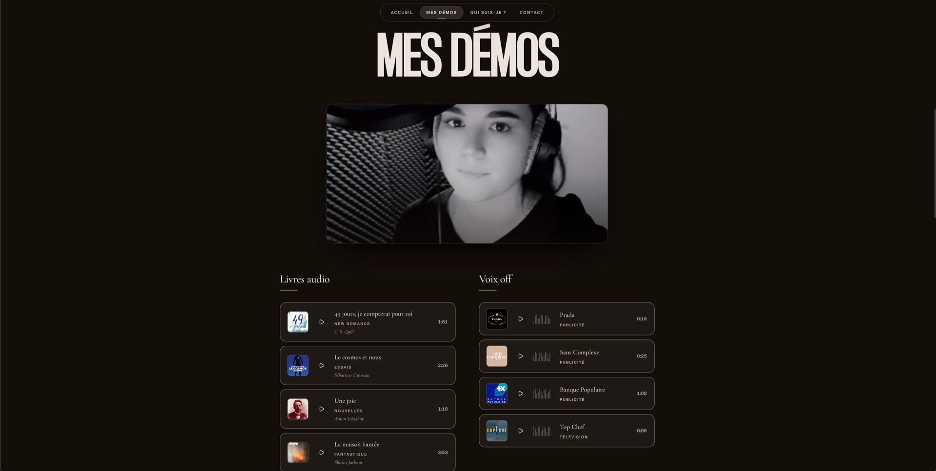 Le site d'une comédienne voix off & narratrice — Mes démos — un lecteur audio maison — vue 1
